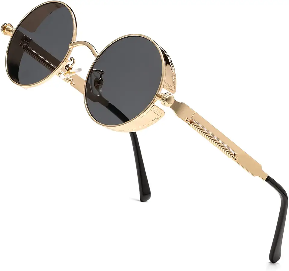 HJSTES Vintage Round Steampunk Sunglasses for Women Men Circle Gothic Glasses Retro Metal Frame