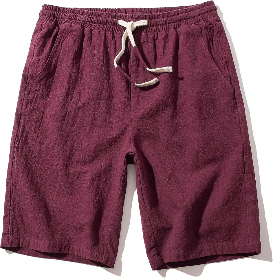 SIR7 Men's Linen Casual Classic Fit 11 Inch Inseam Elastic Waist Shorts with Drawstring