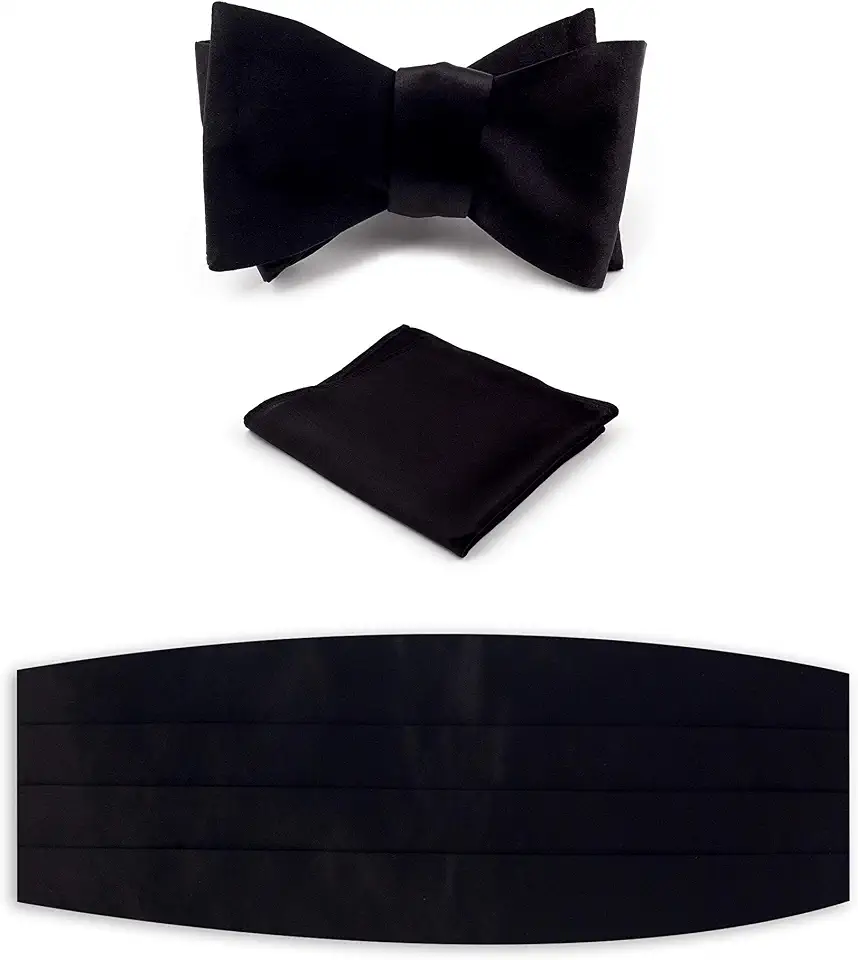 NV Holders: Men's Premium 100% Silk Cummerbund, Bow Tie, Handkerchief - Black Tuxedo set