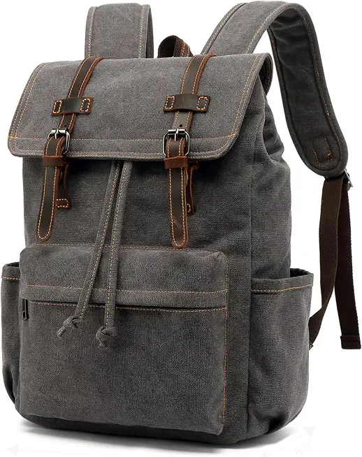 HuaChen Vintage Canvas Leather Backpack for Men, Multi-Pocket Travel Rucksack For Laptop, Durable Hiking & Commuter Bag - M83 Grey