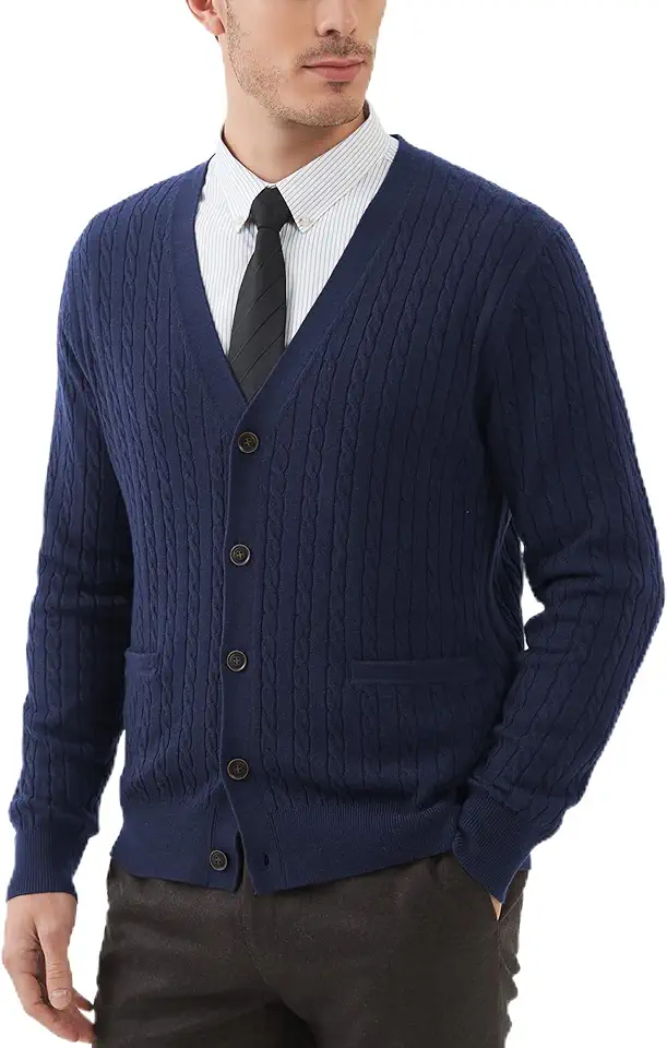 Kallspin Men's Cardigan Sweater Wool Blend Cable Knit V Neck Buttons Cardigan with Pockets