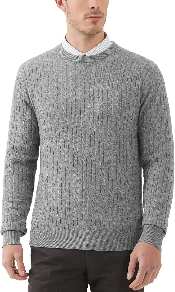 Kallspin Mens Crewneck Pullover Sweater Wool Blend Cable Knitwear