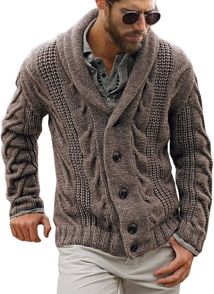 Mens Cardigan Sweater Cable Knit Shawl Collar Cardigans