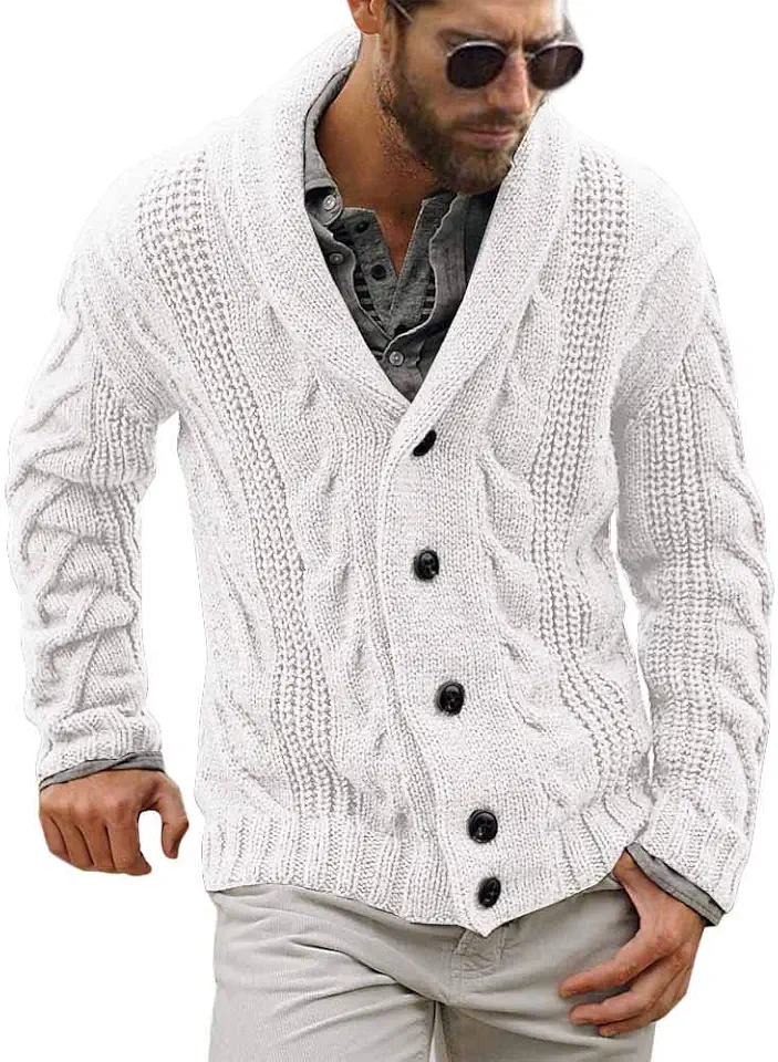 Karlywindow Mens Cardigan Sweater Cable Knit Shawl Collar Cardigans