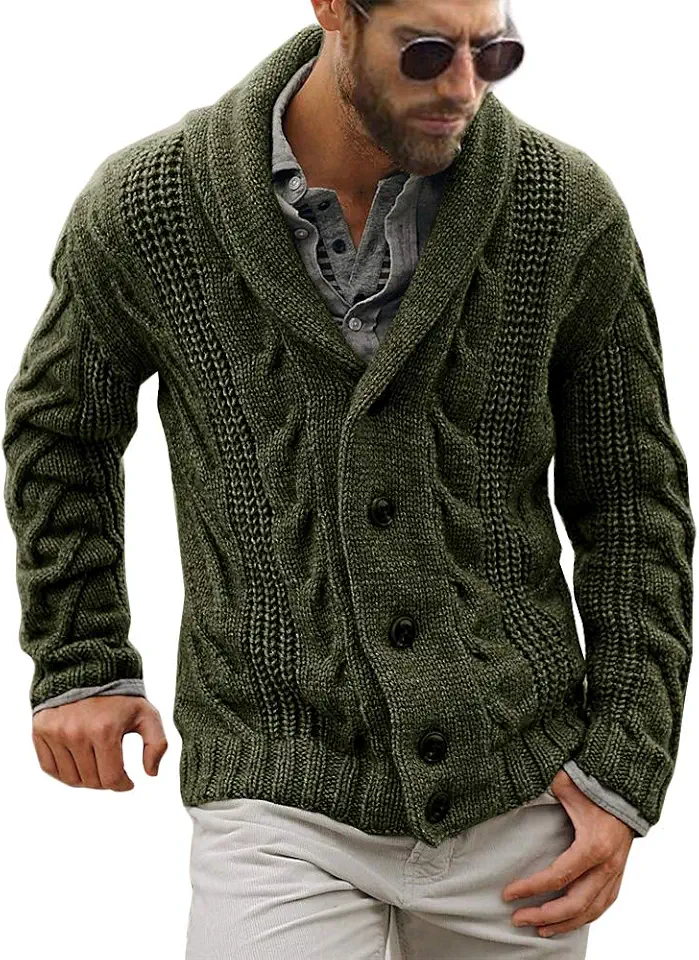 Karlywindow Mens Cardigan Sweater Cable Knit Shawl Collar Cardigans