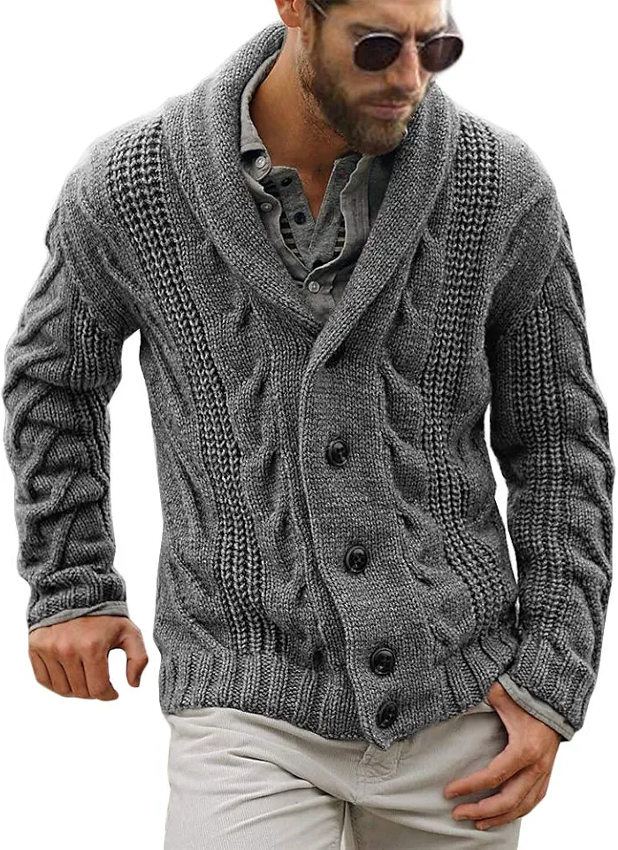 Karlywindow Mens Cardigan Sweater Cable Knit Shawl Collar Cardigans