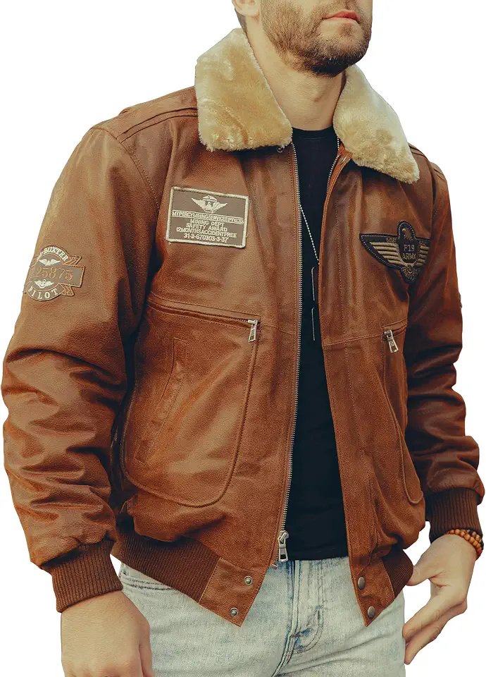 FLAVOR Men's Real Leather Bomber Jacket with Removable Collar Aviator