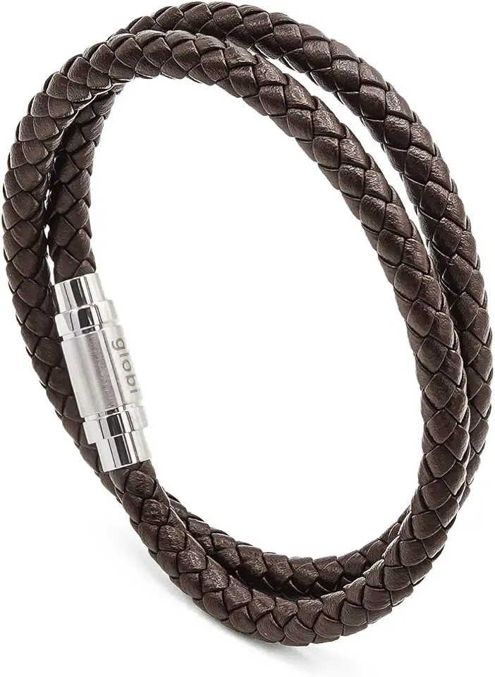 globi Leather Bracelet For Men | Genuine Wrap Braided Leather Cuff Bangle Bracelet with Magnetic Stainless Steel Clasp For Men/Women