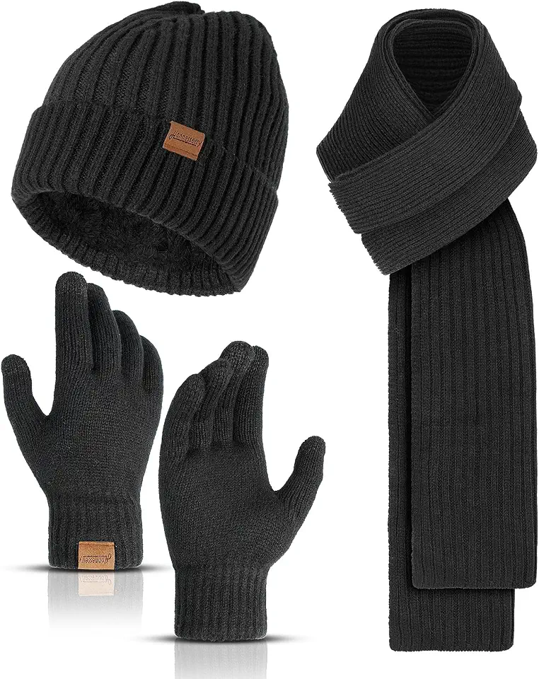 Global Recycled Standard Winter Beanie Hats Long Neck Scarf for Men and Touchscreen Gloves 3PCS Set