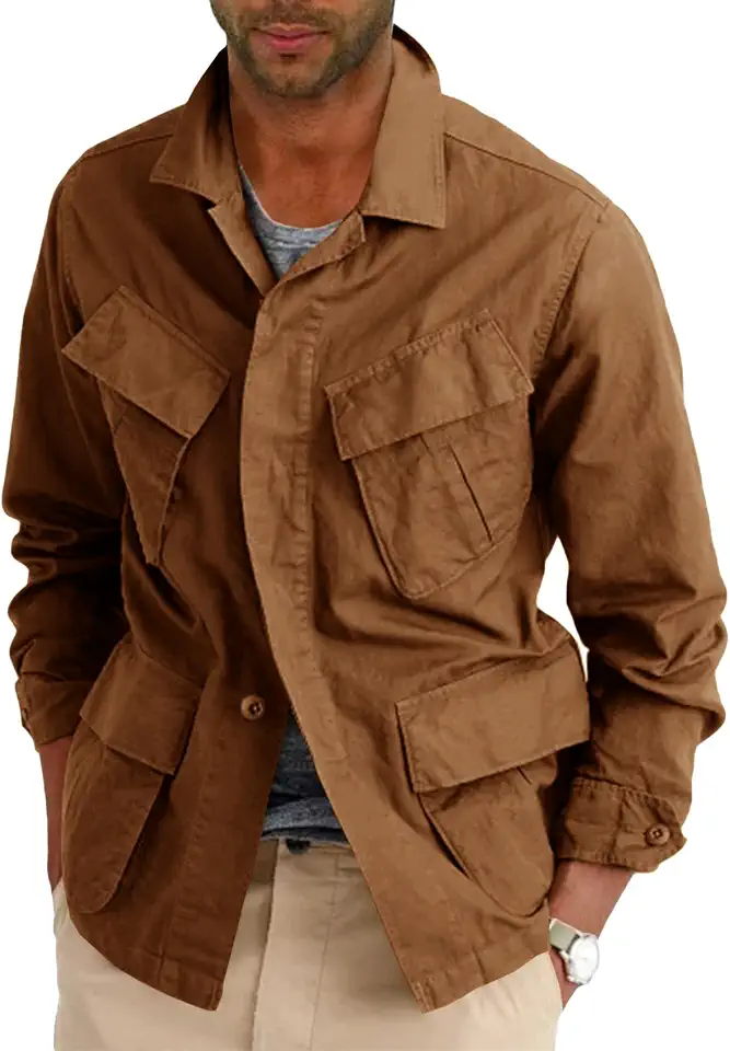Runcati Mens Lightweight Safari Jacket Cotton Military Cargo Outwear