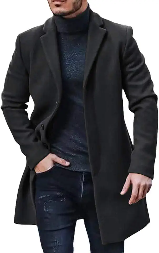 PASLTER Mens Trench Coat Slim Fit Mid Length Pea Coat Winter Overcoat
