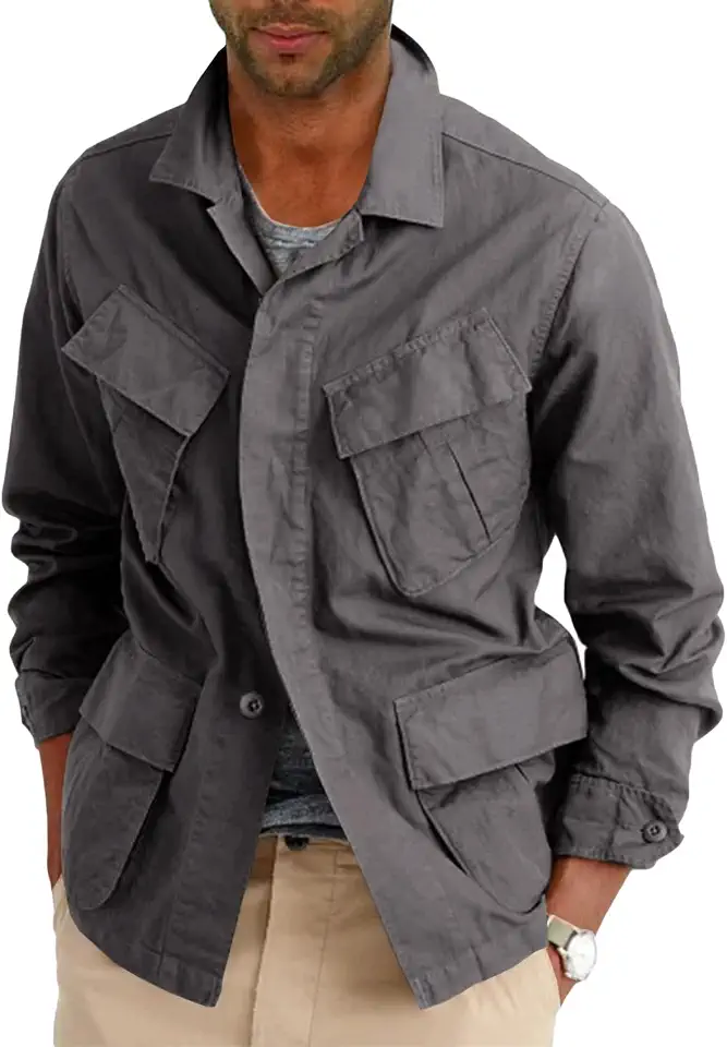 Runcati Mens Lightweight Safari Jacket Cotton Military Cargo Outwear