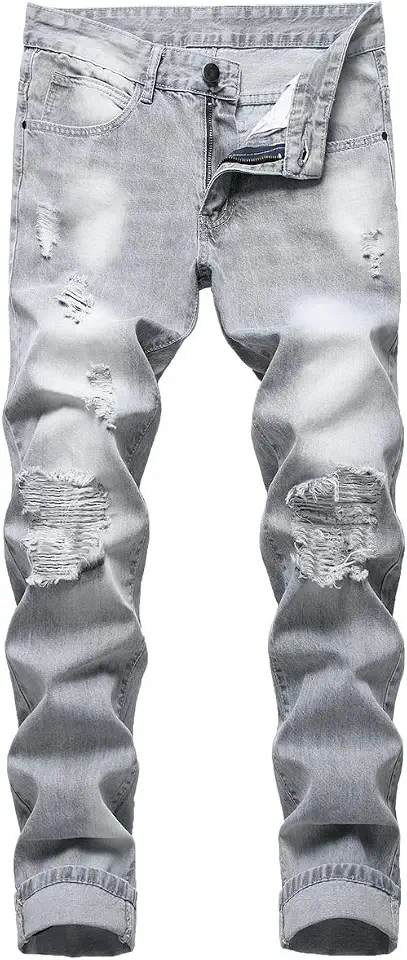LZLER Mens Ripped Jeans,Distressed Destroyed Slim Fit Straight Leg Denim Pant with Holes