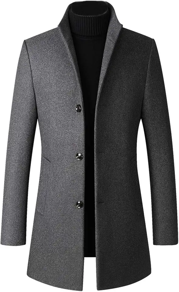 FTCayanz Men's Trench Coat Wool Blend Single Breasted Overcoat