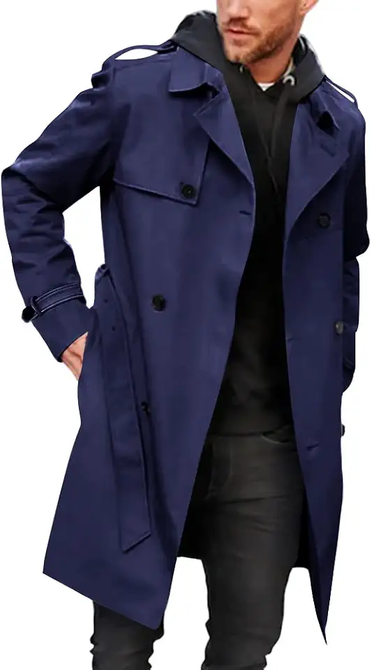 Pretifeel Mens Trench Coat Long Jacket Belted Windproof Coat