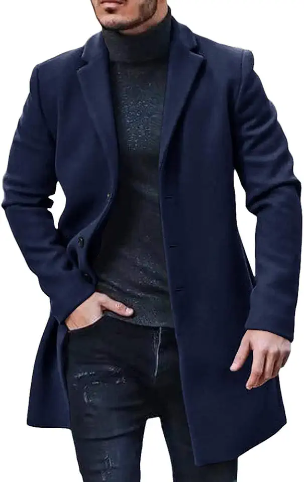 PASLTER Mens Trench Coat Slim Fit Mid Length Pea Coat Winter Overcoat