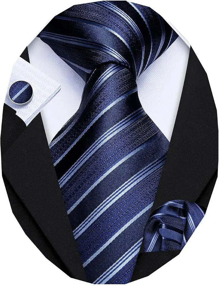 Barry.Wang Tie Sets for Men Silk Stripe Necktie Woven Checkered Handkerchief Cufflinks Formal Business Wedding
