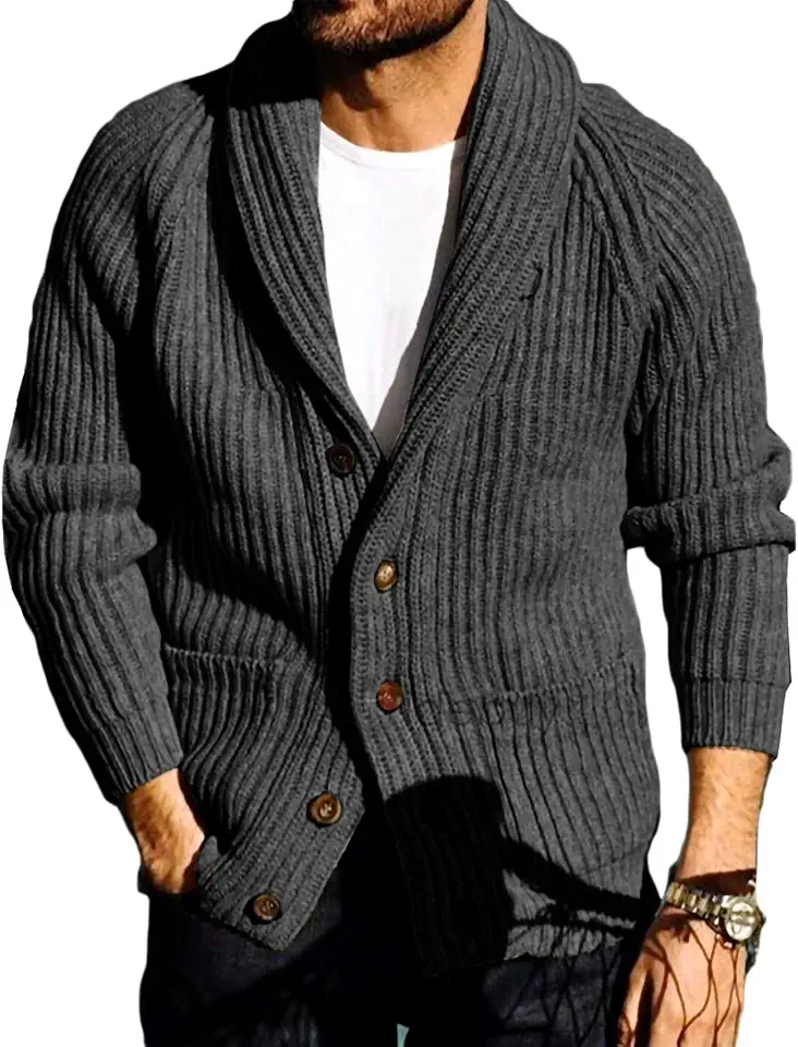 Runcati Mens Shawl Collar Cardigan Sweaters Button Down Open Front Knitwear Cable Knitted Ribbed Outwear
