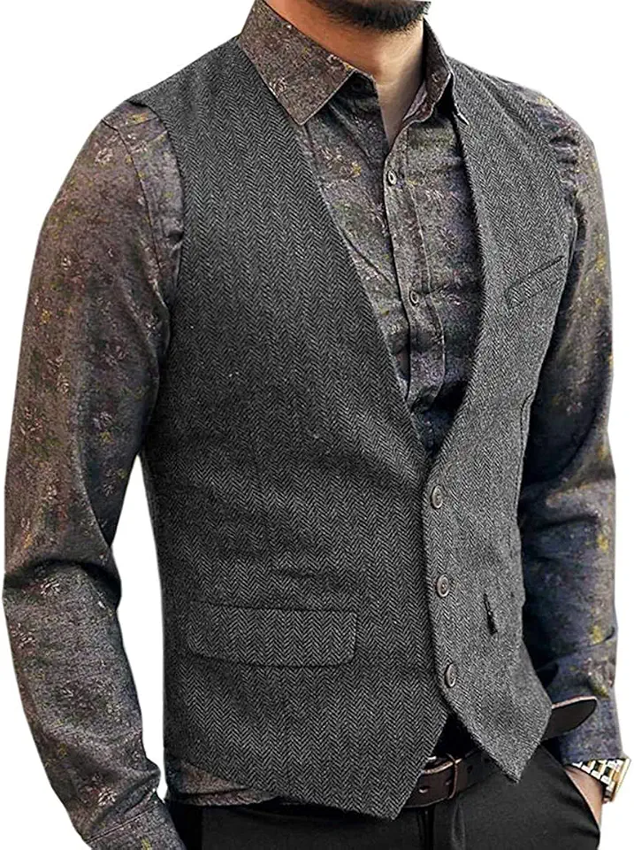 Men's Charcoal Grey Herringbone Wool Overcoat