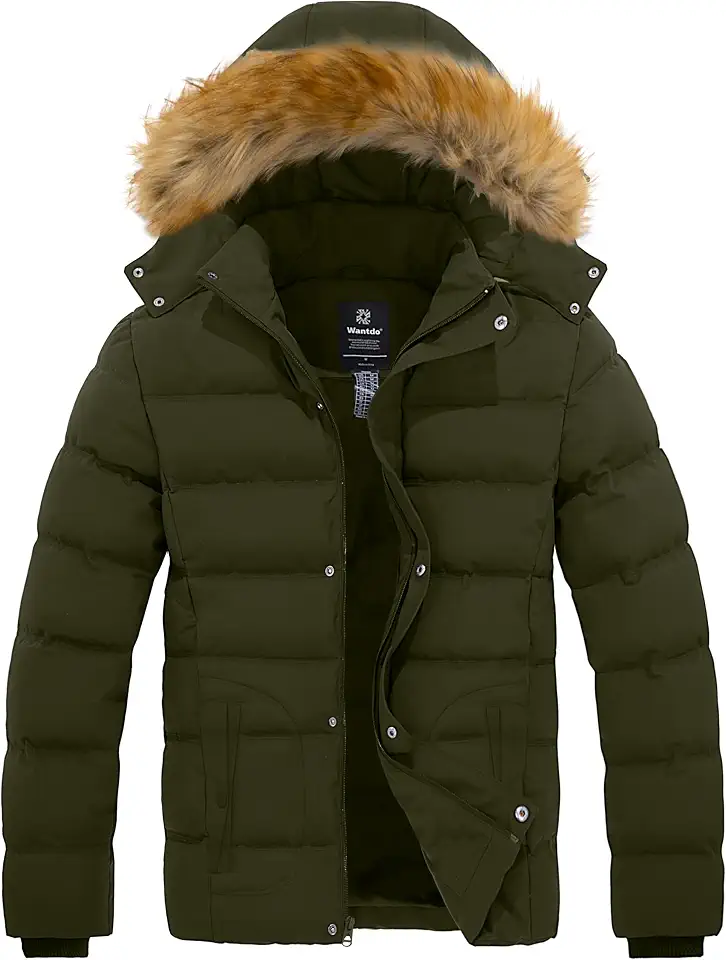 Global Recycled Standard wantdo Men's Puffer Jacket Warm Padded Winter Coat with Detachable Hood