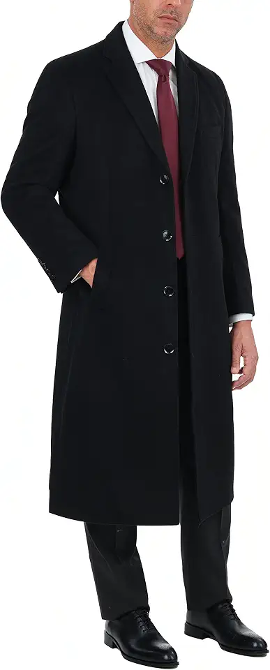 THE SUIT DEPOT Mens Single Breasted Wool Cashmere Full Length Overcoat
