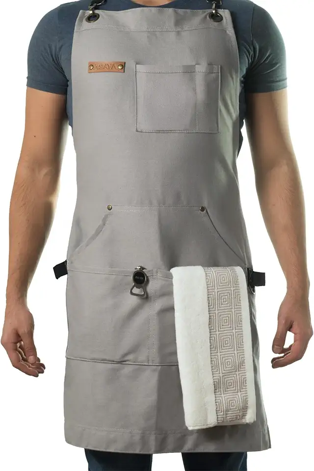 Asaya Chef and BBQ Apron with Bottle Opener and Hand Towel - 10oz Cotton Canvas, Stainless Steel Hardware - Cross Back Straps