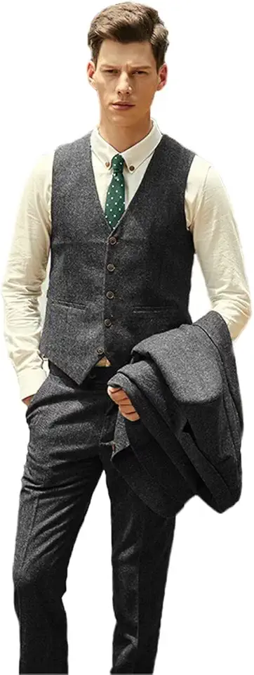 Men's Regular Fit Charcoal Grey Plaid Wool Vest
