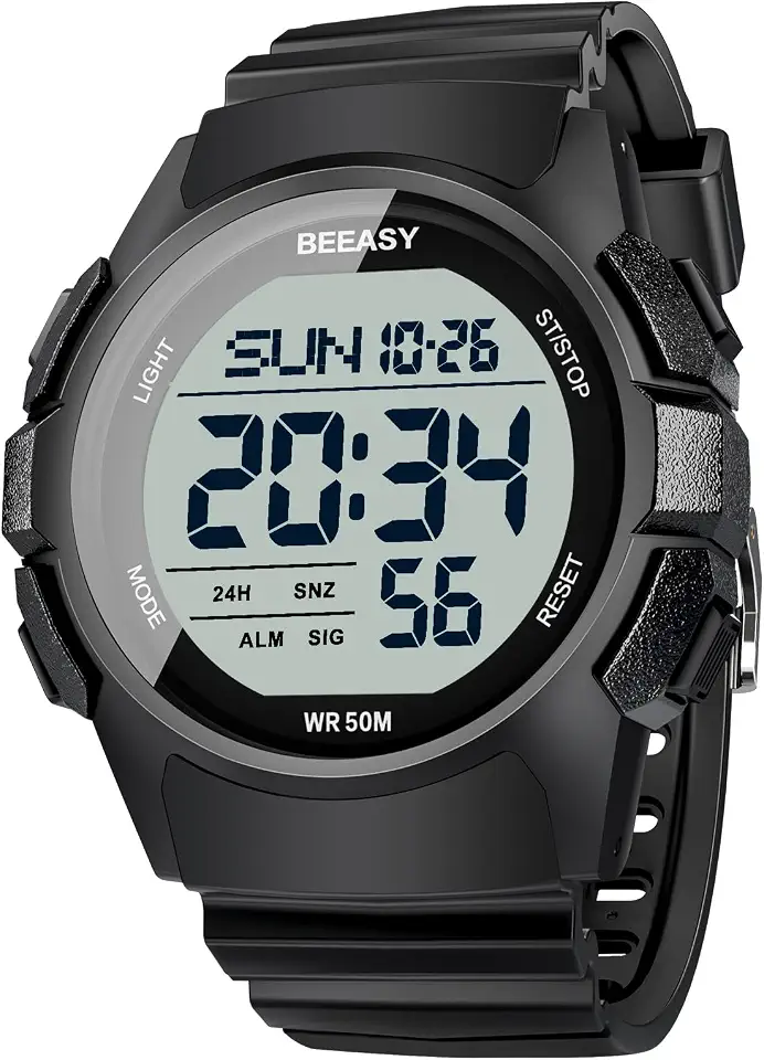 Beeasy Mens Digital Sports Watch, 50M Waterproof 49mm Rubber Strap Mens Watches with Stopwatch, Countdown Timer, Alarm & Dual Time—Ideal for Sport, Gym, Running, Referee, School & Daily Wear