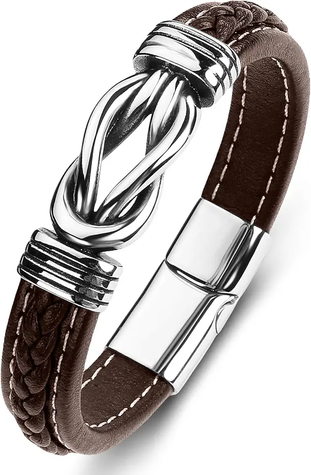 Mens Leather Bracelet,Braided Leather Wristband Cuff Bracelets Stainless Steel Clasp,Jewellery Gift for Men