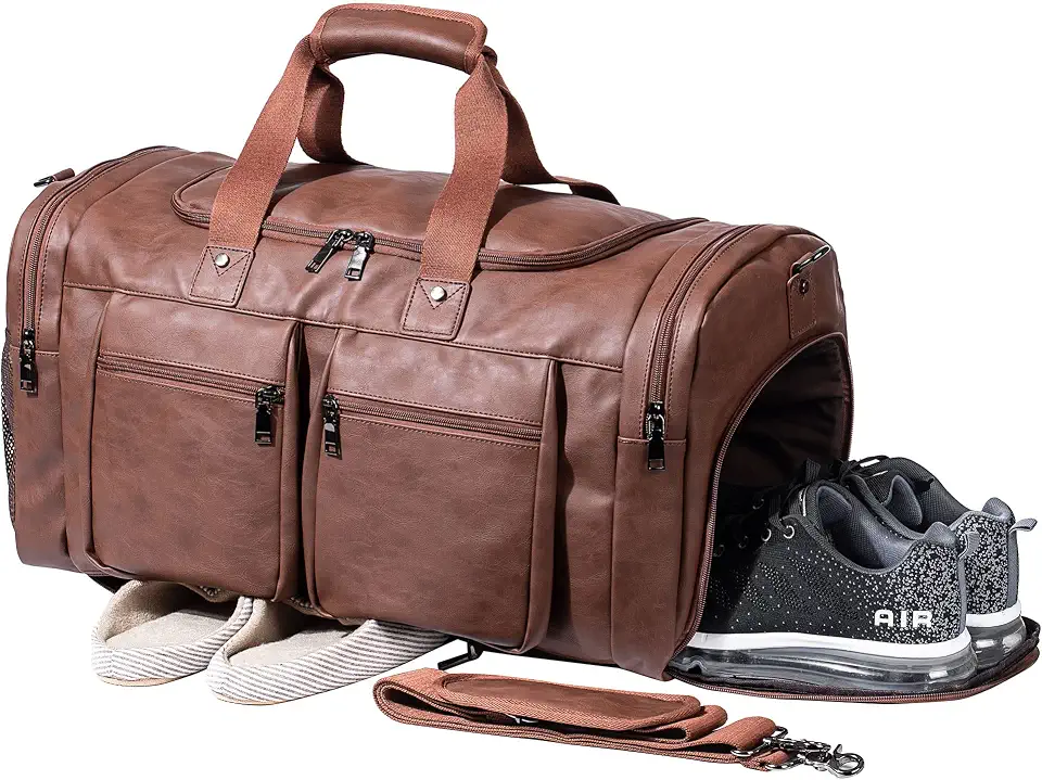 Leather Travel Bag with Shoe Pouch,Weekender Overnight Bag Waterproof Leather Large Carry On Bag Travel Tote Duffel Bag for Men or Women-Brown