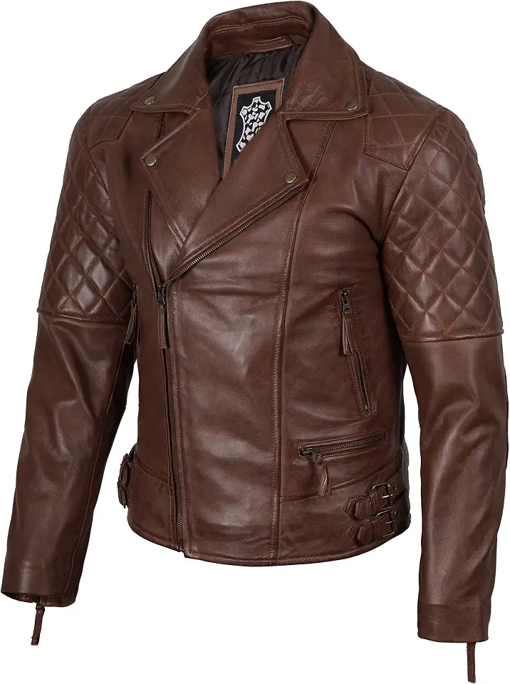 fjackets Men's Biker Leather Jacket - Real Lambskin Leather Motor Style Jacket for Men - Asymmetrical Zip Jacket