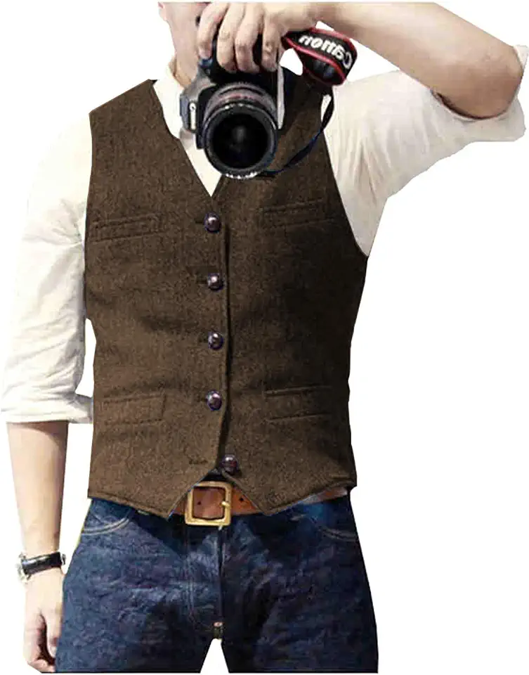 Mens Suit Vest Waistcoat Tweed Retro V Neck Wool Herringbone for Prom
