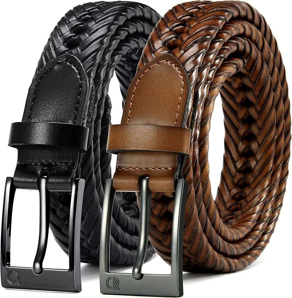 Global Recycled Standard CHAOREN 2 Pack Leather Woven Braided Belts for Men 1 1/8" – Gift Boxed