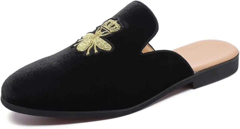 FLQL Mens Shoes Luxury Velvet Gold Buckle Slip-on Penny Loafers Casual Smoking Slippers Indoor Outdoor Sandals Black Size 7-13