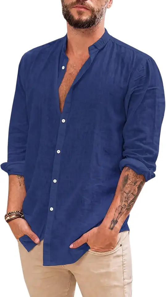 Makkrom Men Linen Shirt Button Down Long Sleeve Cotton Beach Band Collar Casual Summer Shirts