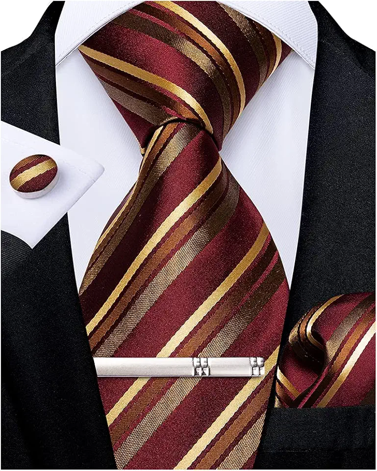 DiBanGu Mens Striped Tie Silk Woven Necktie and Pocket Square Cufflinks Tie Clip Set Wedding Business Formal Gift Tie for Men
