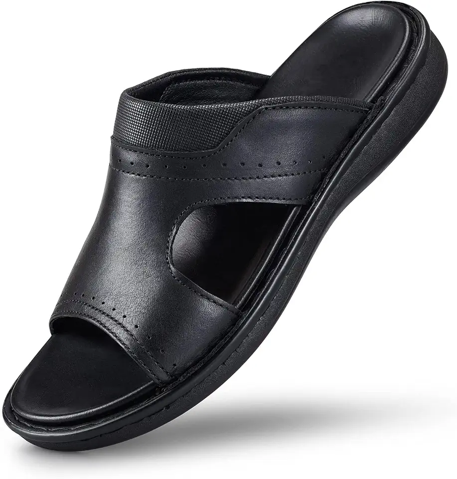 FIEEIF Men's Leather Slides Open Toe Outdoor Slippers Comfort Arch Support Retro Casual Flip Flops Summer Fisherman Slip On Sandals for Men