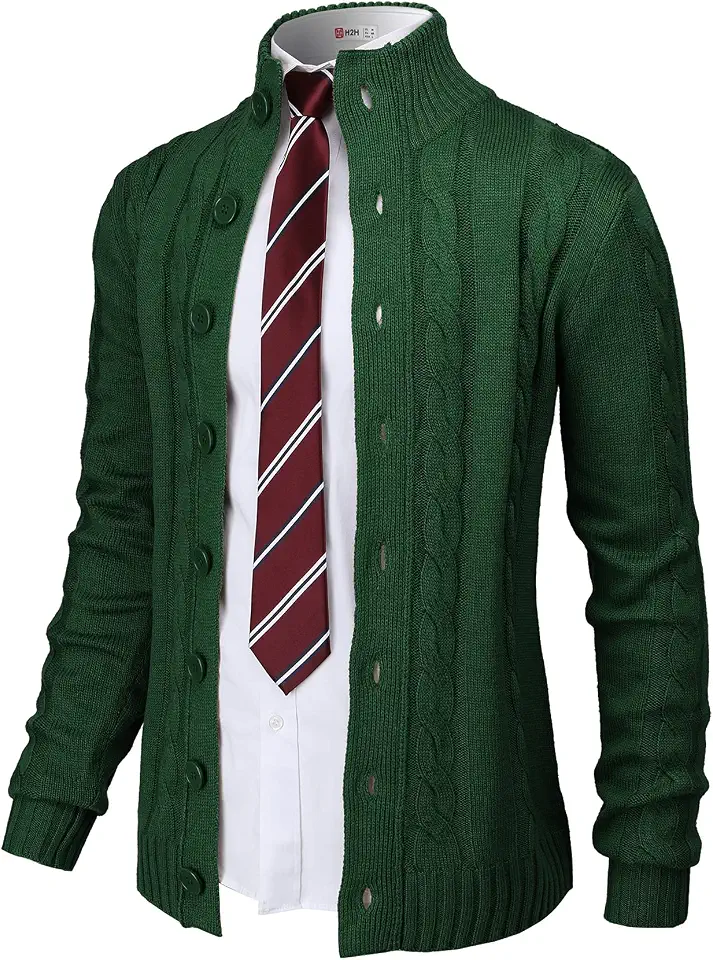 H2H Mens Cable Knitted Heavey Sweater Cardigan Thermal Button Down Closure