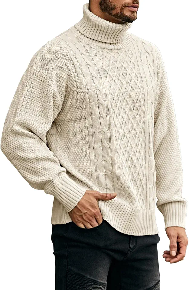 Runcati Men's Turtleneck Pullover Sweater Cable Knitted Twisted Sweaters