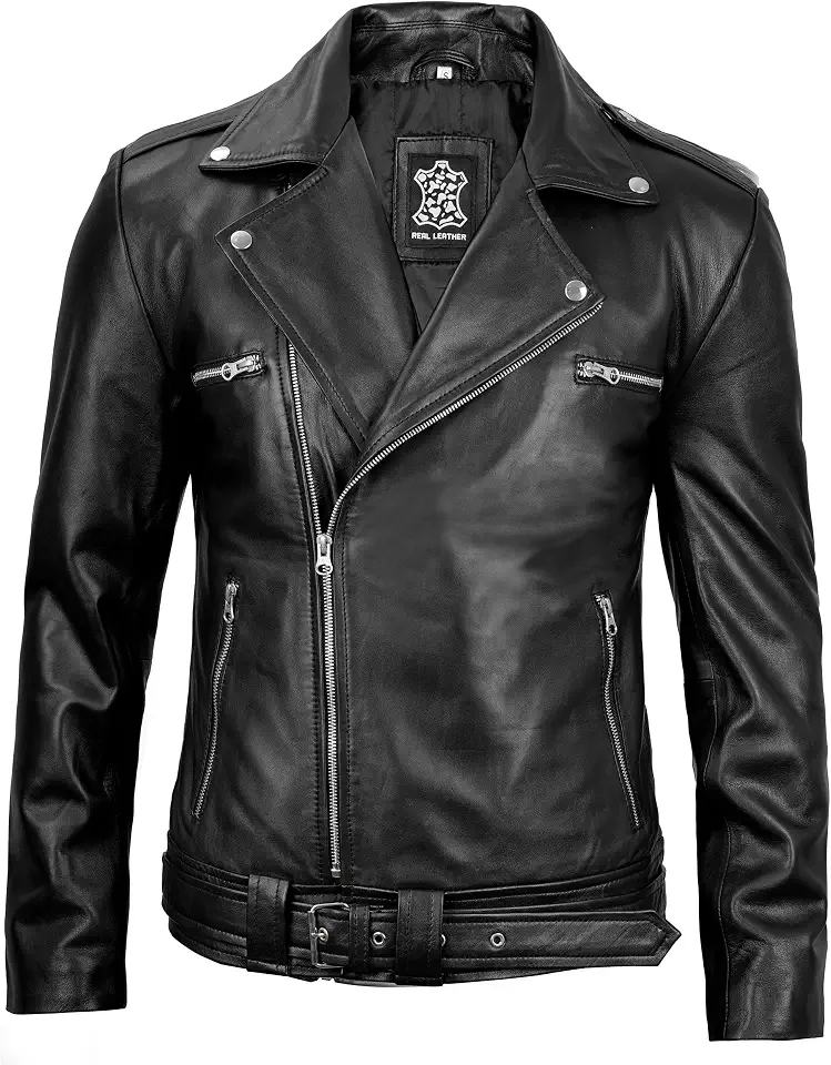 fjackets Men's Biker Leather Jacket - Real Lambskin Leather Motor Style Jacket for Men - Asymmetrical Zip Jacket