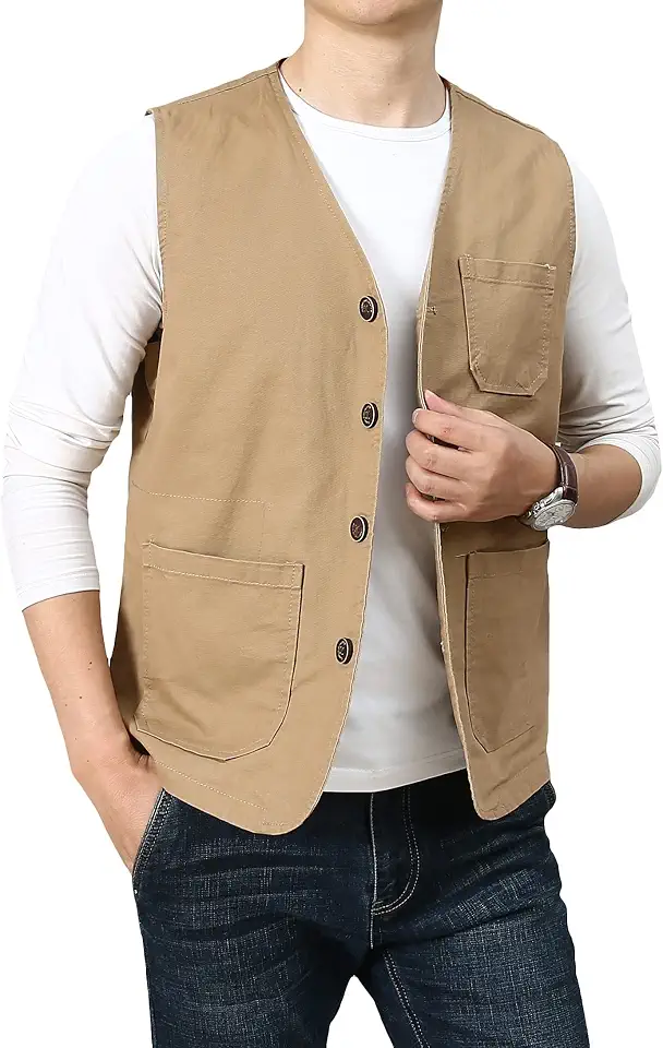 PRIJOUHE Mens Casual Cotton Vest Lightweight Outdoor Fishing Utility Vest