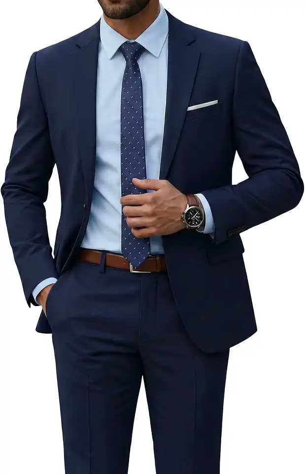 Global Recycled Standard YND Men's 2 Piece Suit with Tie, Slim Fit Solid Color Jacket and Pants Set