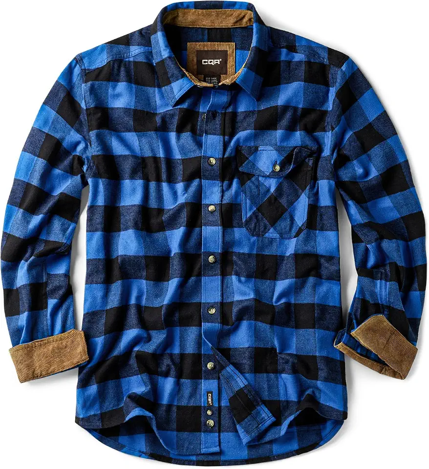 CQR Men's 100% All Cotton Button Down Flannel Shirts, Long Sleeve Brushed Warm Soft Casual Outdoor Plaid Shirt