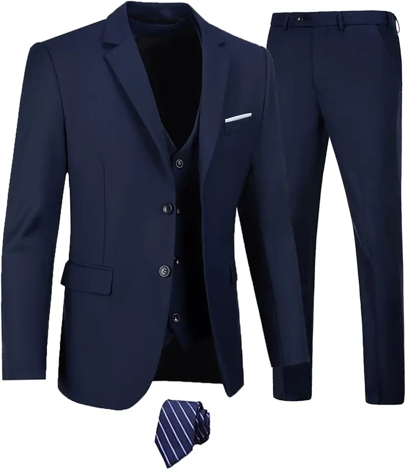 Furuyal Men's Suits 3 Piece Slim Fit Suit Set,Two Button Wedding Business Tuxedo Solid Blazer Jacket Vest Pants with Tie