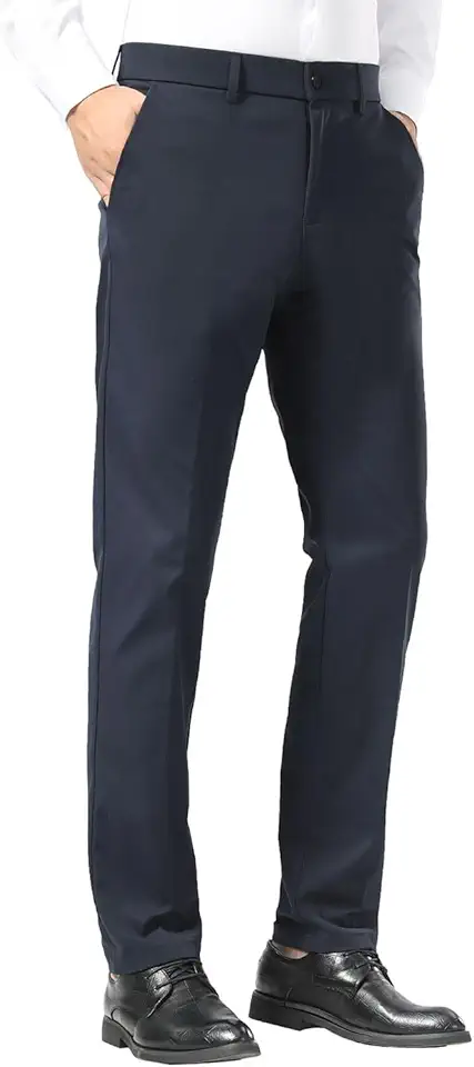 Plaid&Plain Men's Slim Fit Dress Pants Stretch Khaki Pants Wrinkle Free