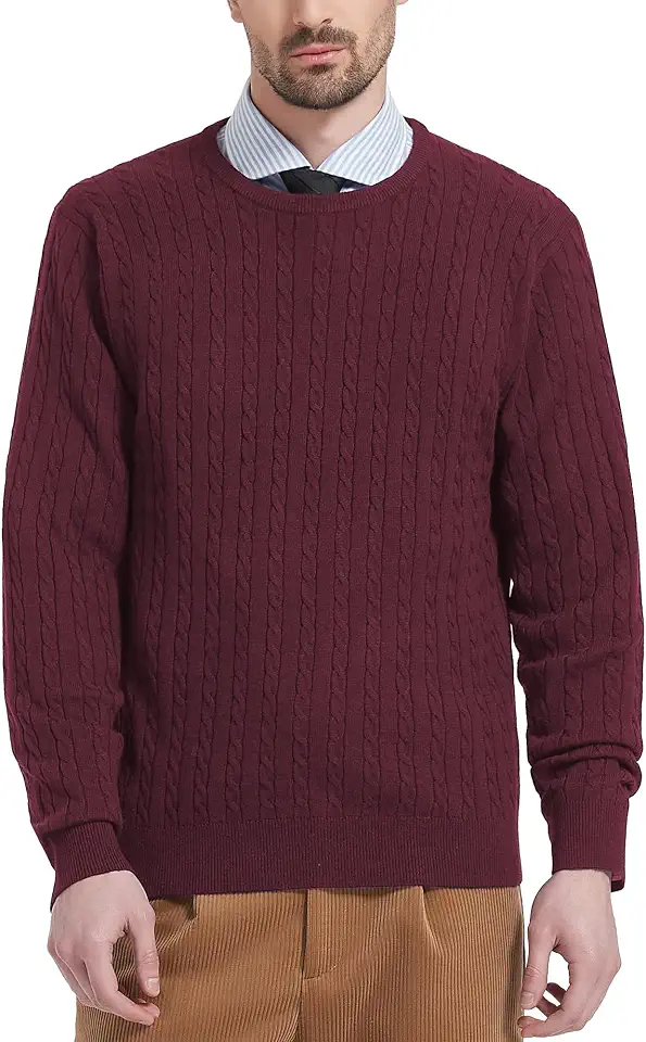Men's Burgundy Cable Knit Wool Crewneck Sweater