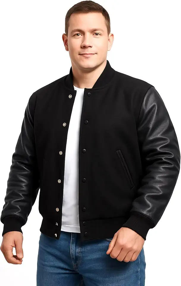 Men Varsity Jacket College Baseball Letterman Wool Jacket Leather Sleeves
