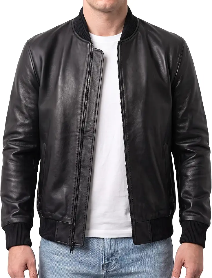 Men's Varsity Style Genuine Leather Bomber Jacket - Casual Real Lambskin Men's Leather Jacket Moto Jacket Men