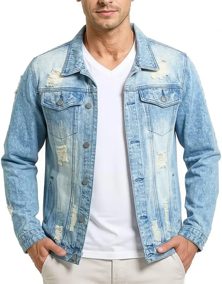 RANMCC Men's Stretch Vintage Washed Long Sleeve Denim Jacket