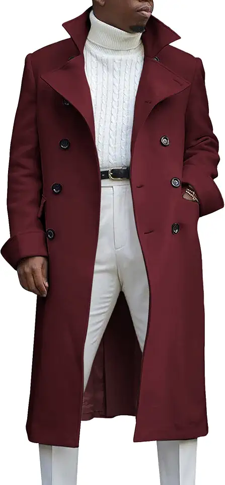 Ebifin Men's Notch Lapel Double Breasted Long Trench Coat Casual Cotton Blend Peacoat